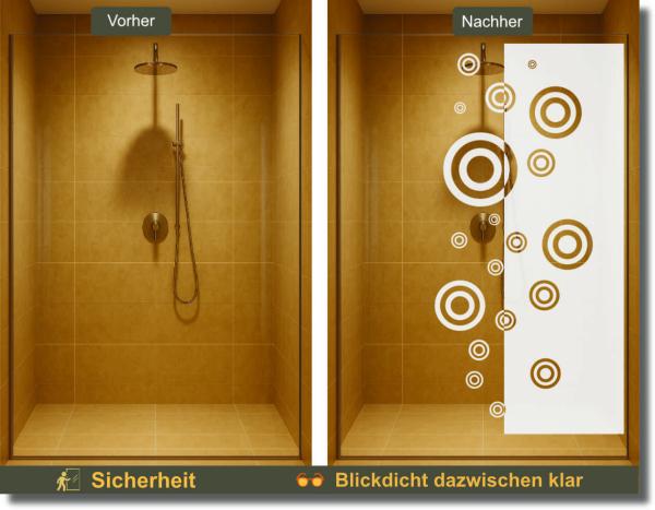 Preview: Vorher-Nachher: Blickdichte Duschfolie mit verspieltem Kreisdekor – schützt die Privatsphäre und setzt Designakzente.