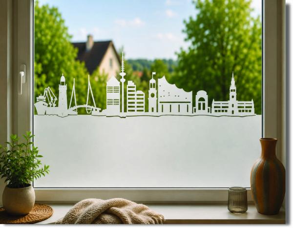 Fensterfolie mit urbaner Stadtsilhouette als moderner Sichtschutz für Fensterflächen, Fensterfolie Hamburg Stadt mit Sichtschutz