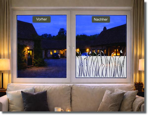 Preview: Vorher-Nachher-Fensterbild mit Gräserpoesie – dekorative Sichtschutzfolie für Fenster, lichtdurchlässig und blickdicht.