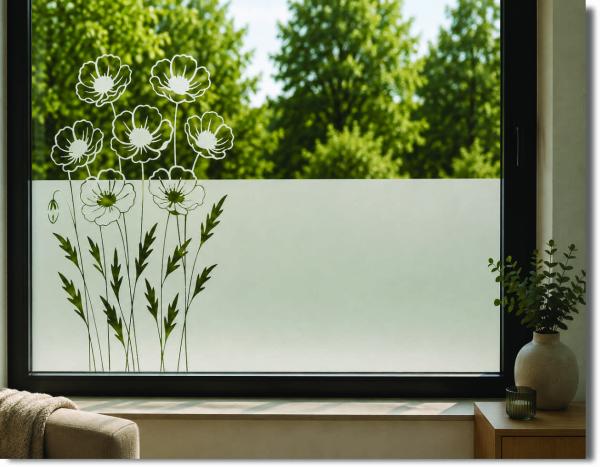 Milchglasfolie geschwungene Mohnblume – dekorative Sichtschutzfolie mit Blumenmotiv für Fenster und Türen, blickdicht und hochwertig Made in Germany
