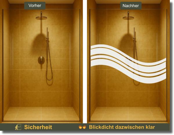 Preview: Vorher-Nachher: Duschglas mit moderner Sichtschutzfolie im geschwungenen Wellen-Design – stilvoll & blickdicht.