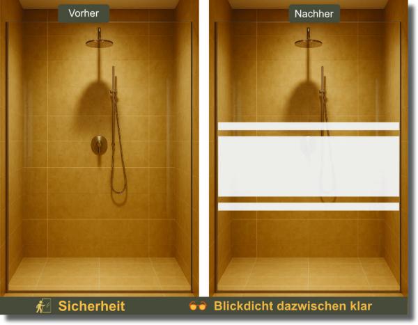 Preview: „Vorher-Nachher-Vergleich: Duschkabine ohne und mit Glasdekorfolie Blockstreifen– moderne Sichtschutzfolie mit dekorativem Design für Glasduschen.“