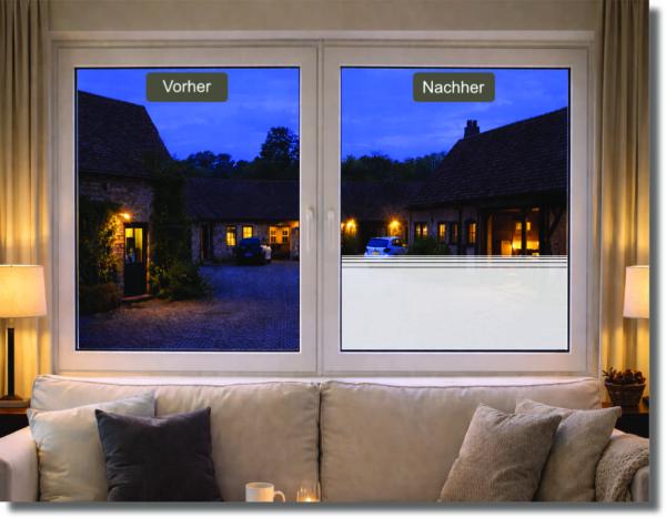 Preview: Vorher-Nachher-Fensterbild–dekorative Sichtschutzfolie für Fenster, lichtdurchlässig und blickdicht.