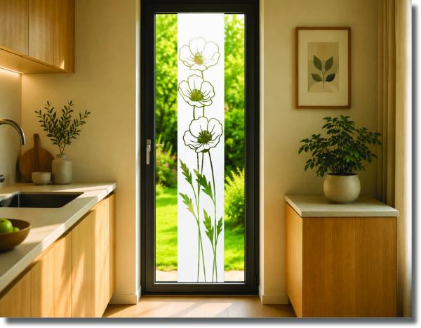 Fensterfolie Mohn im Wind mit filigranen Mohnblumen als dekorativer Sichtschutz für Fenster und Glasflächen