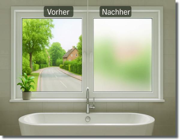 Preview: Fensterfolie mit Sichtschutz, zarte Halme Motiv – Vergleich Vorher/Nachher – lichtdurchlässig aber blickdicht im Badezimmer
