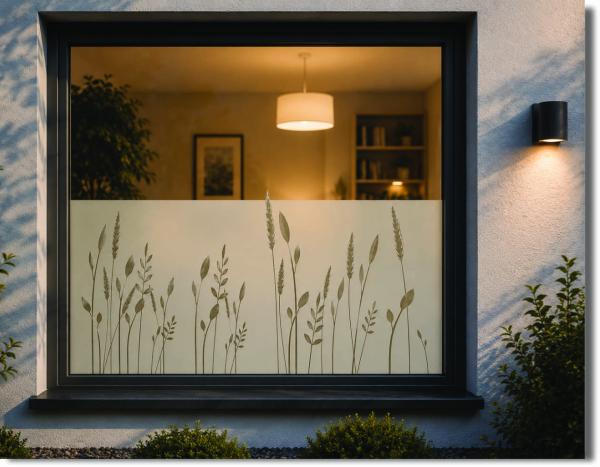 Preview: Fensterfolie mit Sichtschutz, zarte Halme Motiv – Vergleich Vorher/Nachher – lichtdurchlässig aber blickdicht im Badezimmer