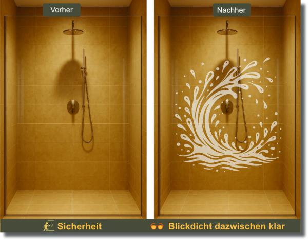 Preview: Blickdichte Glasdekorfolie für Dusche – Vorher Nachher Vergleich mit Wasserwellen-Design