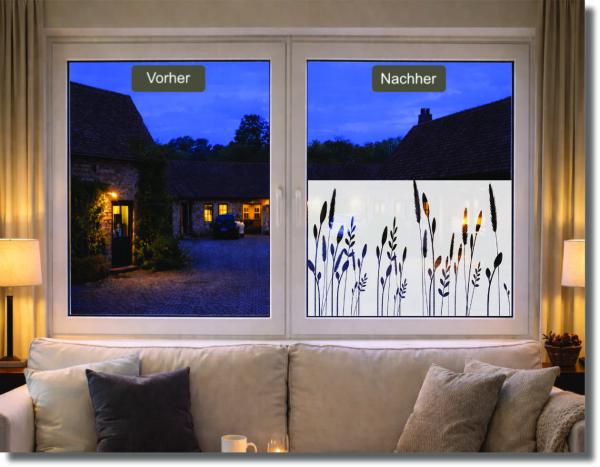 Preview: Fensterfolie mit Sichtschutz, zarte Halme Motiv – Vergleich Vorher/Nachher – lichtdurchlässig aber blickdicht im Badezimmer