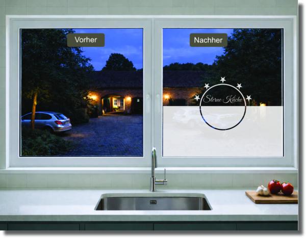 Preview: Fensterfolie mit Schriftzug „Sterne Küche“ und Sternen als dekorativer Sichtschutz