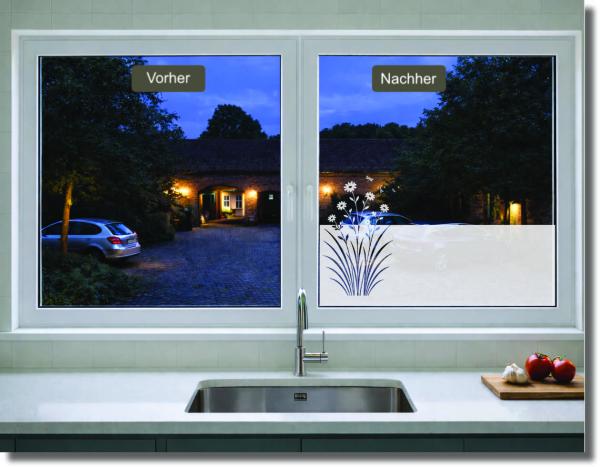 Preview: Vorher-Nachher-Fensterbild mit Wiese mit Insekten – dekorative Sichtschutzfolie für Fenster, lichtdurchlässig und blickdicht.