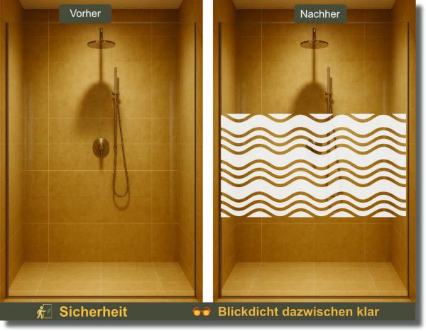 Preview: Links: Klare Duschabtrennung ohne Sichtschutz. Rechts: Nachher – Duschglas mit halbtransparenter Sichtschutzfolie im Wellenmuster, bietet mehr Privatsphäre bei modernem Look.