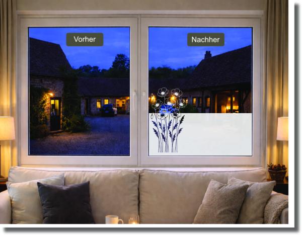 Preview: Vorher-Nachher-Fensterbild mit Mohnblumen – dekorative Sichtschutzfolie für Fenster, lichtdurchlässig und blickdicht.