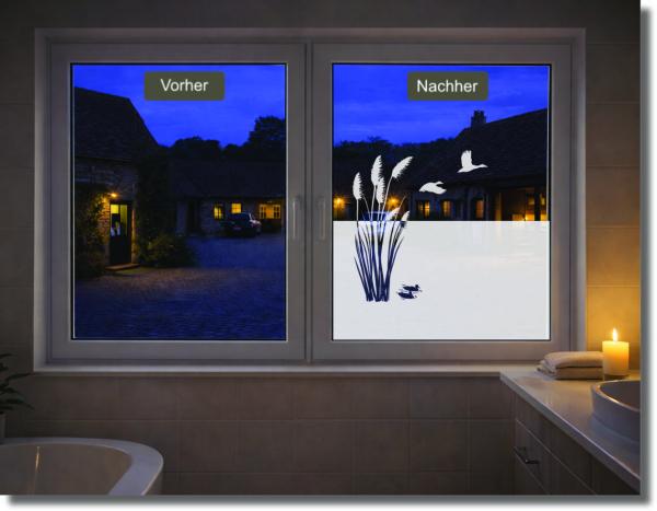 Preview: Fensterfolie mit Schilf und fliegenden Vögeln als natürlicher Sichtschutz für Bad und Wohnraum