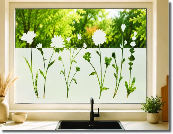 Fensterfolie wilde Blumen – blickdichter Sichtschutz mit Blumenmotiv in Milchglasoptik, selbstklebend und zuschneidbar nach Maß