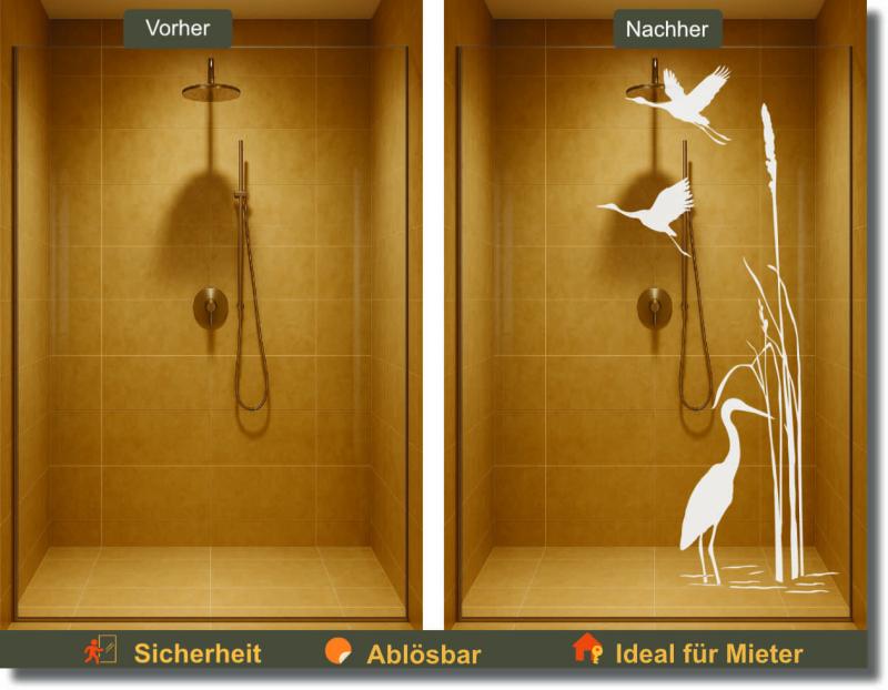 Vorher-Nachher: Glasdekorfolie mit Fischreihern und Schilf – ablösbarer Sichtschutz mit Naturakzent für Mietbäder.