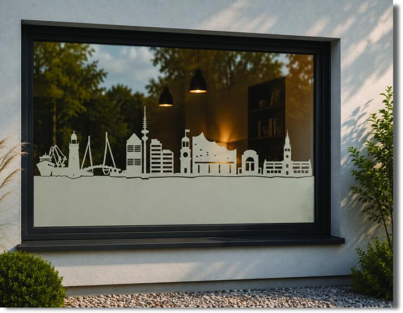Fensterfolie Hamburg Stadt mit Sichtschutz, Fensterfolie mit urbaner Stadtsilhouette als moderner Sichtschutz für Fensterflächen