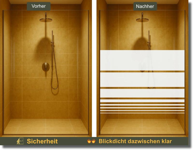 Vergleich von Duschkabinen mit und ohne Glasdekorfolie ‚Horizont‘ – moderne Sichtschutzfolie mit horizontalen Streifen für Glasduschen, ideal zur Badezimmergestaltung und als Sichtschutz im Bad.