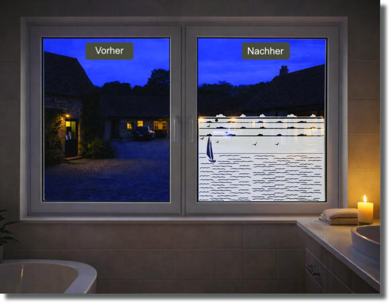Vorher-Nachher-Fensterbild mit Segelboot und Meerblick – dekorative Sichtschutzfolie für Fenster, lichtdurchlässig und blickdicht.