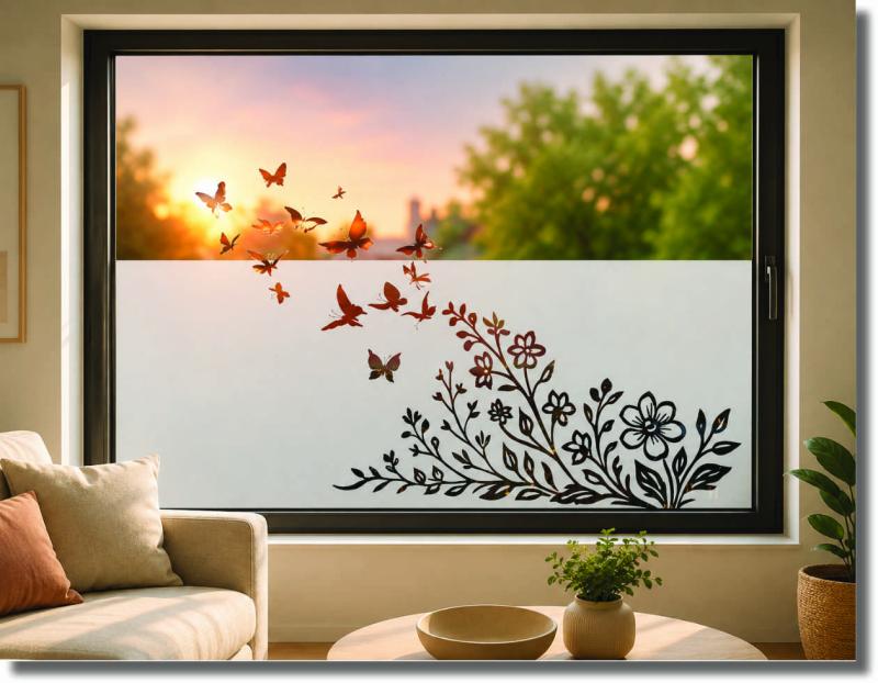 Fensterfolie Wiese mit Schmetterlingen als dekorativer Sichtschutz mit Sommerwiesen-Motiv für Fenster und Glasflächen