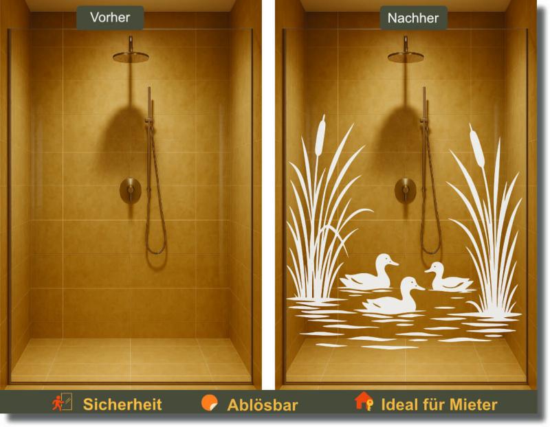 Vorher-Nachher: Duschglas mit dekorativer Enten-Szene – idealer Sichtschutz mit charmantem Naturdesign.