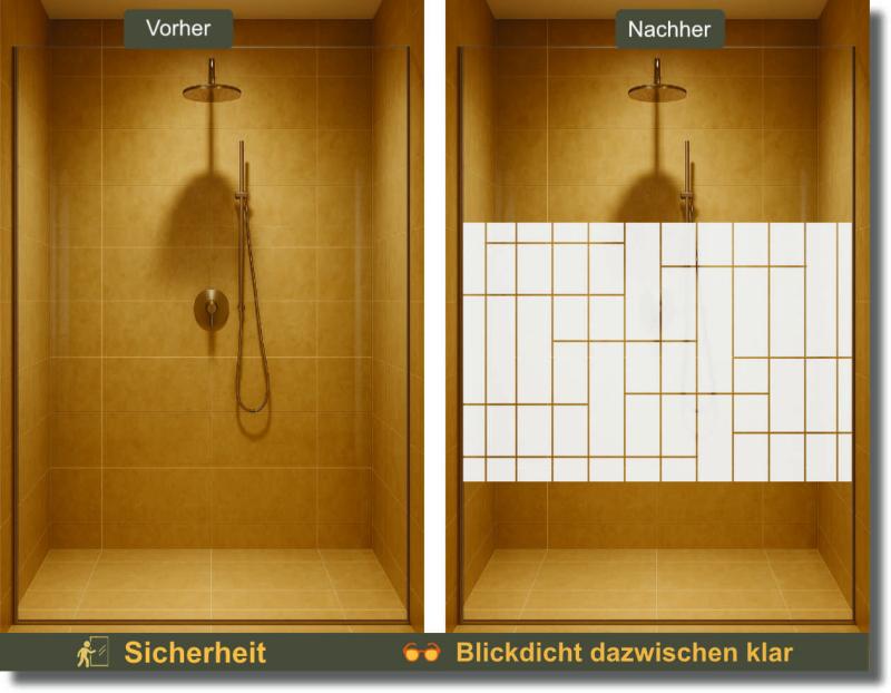 „Vorher-Nachher-Vergleich: Duschkabine ohne und mit Glasdekorfolie Mosaikstreifen – moderne Sichtschutzfolie mit dekorativem Design für Glasduschen.“