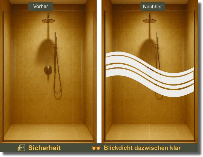 Vorher-Nachher: Duschglas mit moderner Sichtschutzfolie im geschwungenen Wellen-Design – stilvoll & blickdicht.
