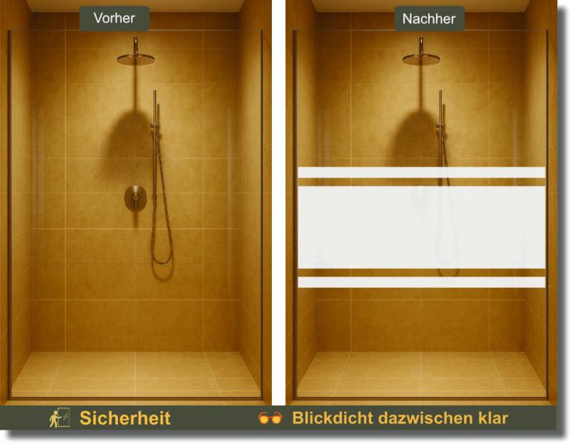 „Vorher-Nachher-Vergleich: Duschkabine ohne und mit Glasdekorfolie Blockstreifen– moderne Sichtschutzfolie mit dekorativem Design für Glasduschen.“
