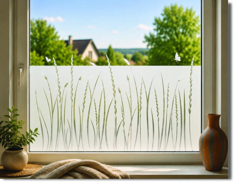 Vorher-Nachher-Fensterbild mit Gräserpoesie – dekorative Sichtschutzfolie für Fenster, lichtdurchlässig und blickdicht.