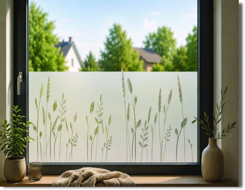 Milchglasfolie zarte Halme – dekorative Sichtschutzfolie mit Gräsermotiv für Fenster und Türen, blickdicht und hochwertig Made in Germany