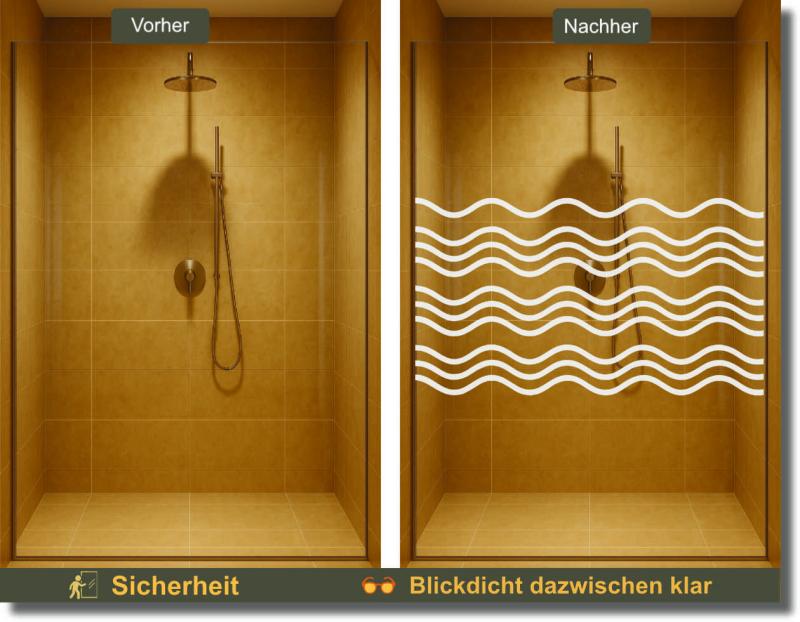 „Vorher-Nachher-Vergleich: Duschkabine ohne und mit Glasdekorfolie ‚Geometrische Welle – moderne Sichtschutzfolie mit dekorativem Design für Glasduschen.“