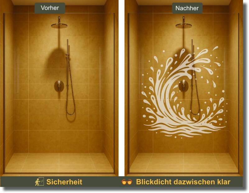 Blickdichte Glasdekorfolie für Dusche – Vorher Nachher Vergleich mit Wasserwellen-Design