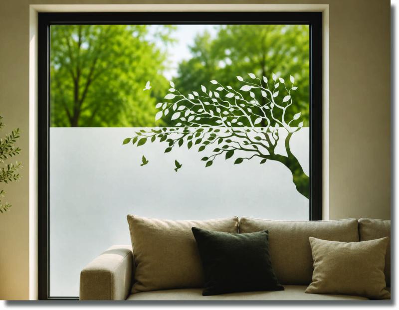Fensterfolie Baum mit Vögeln als dekorativer Sichtschutz für Fenster und Glasflächen