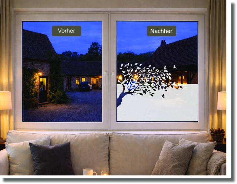Vorher-Nachher-Fensterbild mit Baum und Voegel – dekorative Sichtschutzfolie für Fenster, lichtdurchlässig und blickdicht.