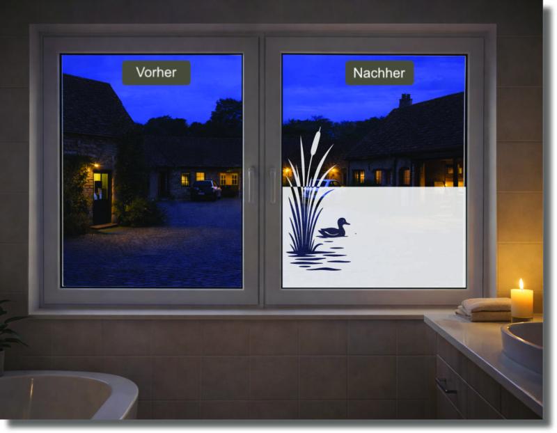 Milchglasfolie mit Entenmotiv am Wasser und Schilfrohr für dezente Fensterdekoration