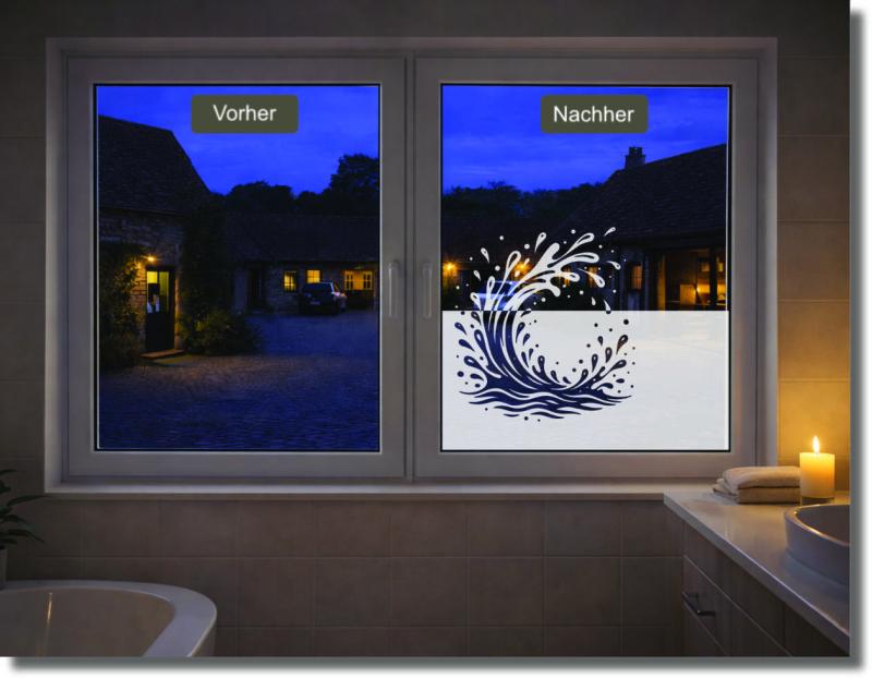 Dekorative Fensterfolie mit Wellenbewegung und Wasser-Spritzern, ideal für Badezimmer