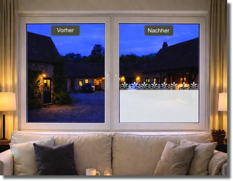 Vorher-Nachher-Fensterbild mit floraler Bordüre im oberen Bereich – dekorative Sichtschutzfolie für Fenster, lichtdurchlässig und blickdicht.