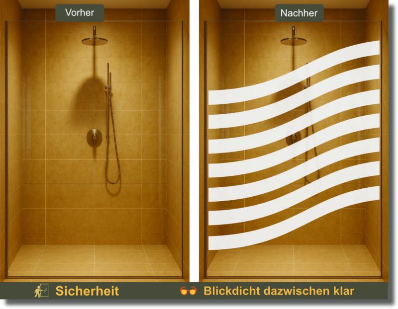 Vorher-Nachher: Duschverglasung mit blickdichter Folie in Wellenform – stilvoller Sichtschutz mit klaren Zwischenräumen.
