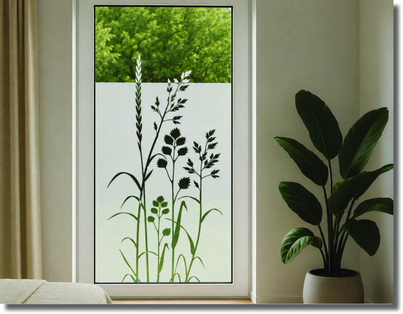 Fensterfolie Gräser im Licht mit filigranem Gräsermotiv als natürlicher Sichtschutz am Fenster