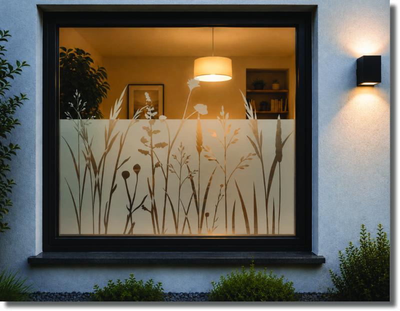 Sichtschutzfolie Sommerwiese – hochwertige Fensterfolie in Sandstrahloptik mit Gräsermotiv, ideal für Wohnzimmer, Büro oder Bad