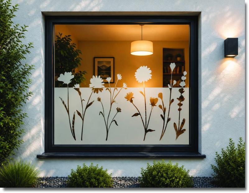 Milchglasfolie wilde Blumen – dekorative Sichtschutzfolie mit Blumenmotiv für Fenster und Türen, blickdicht und hochwertig Made in Germany