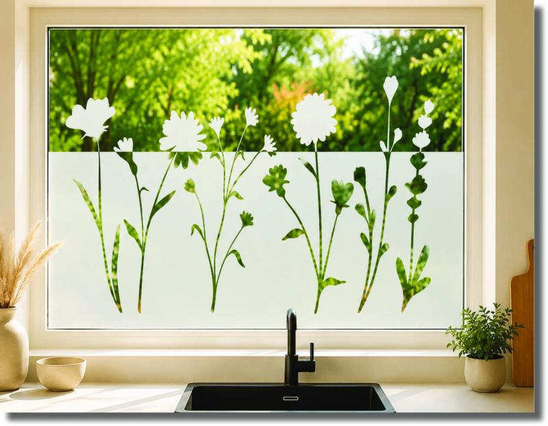 Fensterfolie wilde Blumen – blickdichter Sichtschutz mit Blumenmotiv in Milchglasoptik, selbstklebend und zuschneidbar nach Maß